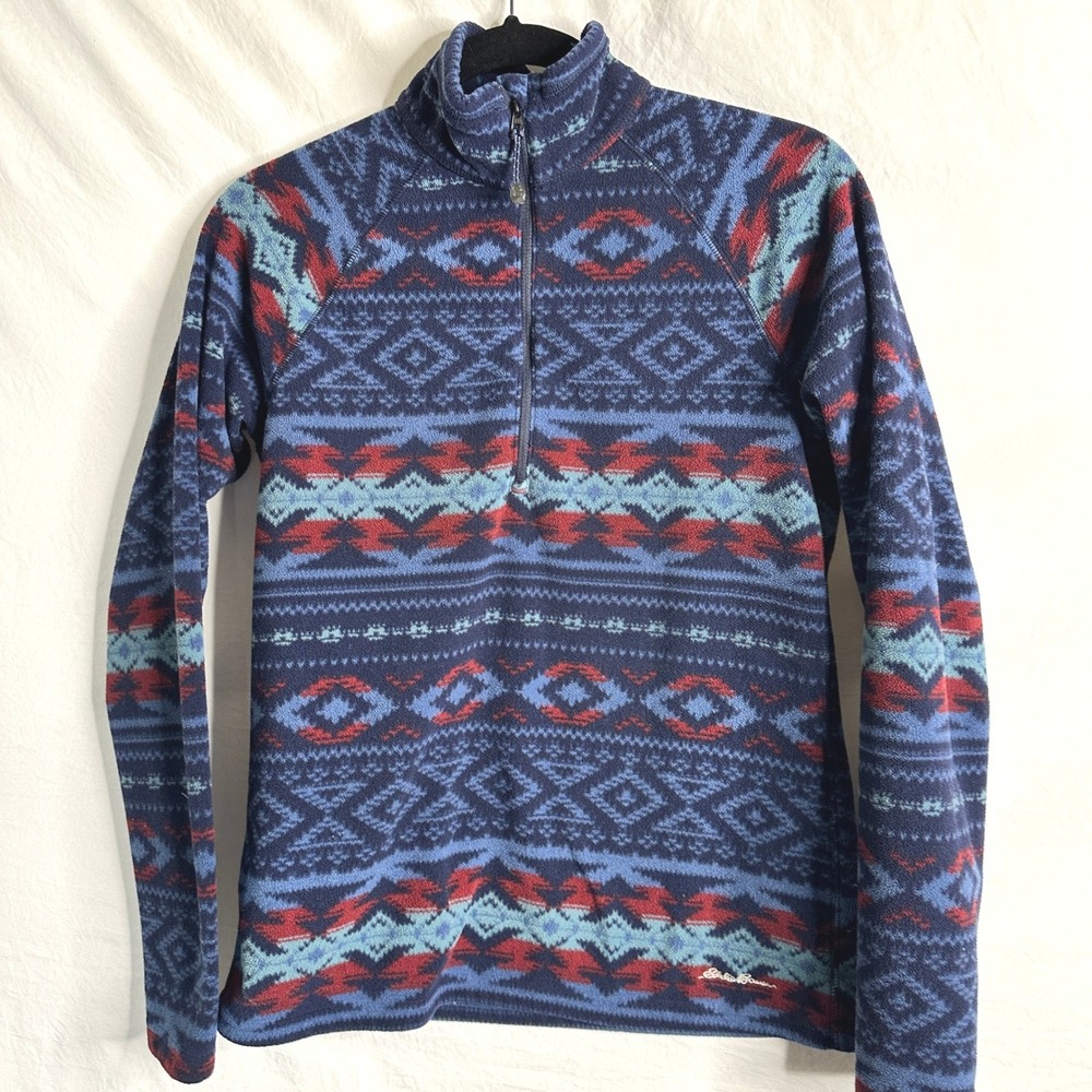 EDDIE BAUER Small Womens Fleece Quarter Zip Pullover Southwestern Geometric Blue